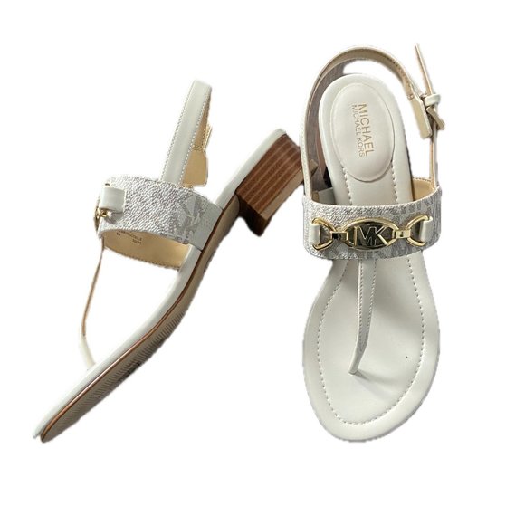 Michael Kors White T-Strap Thong Sandals.1.25" Heel Gold Logo Sz 6 - Picture 8 of 8